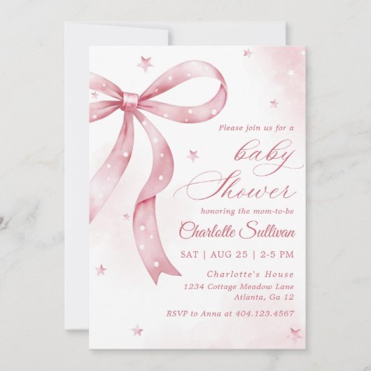 Invitation Fête de Baby shower de fille de la Bow rose (Devant)