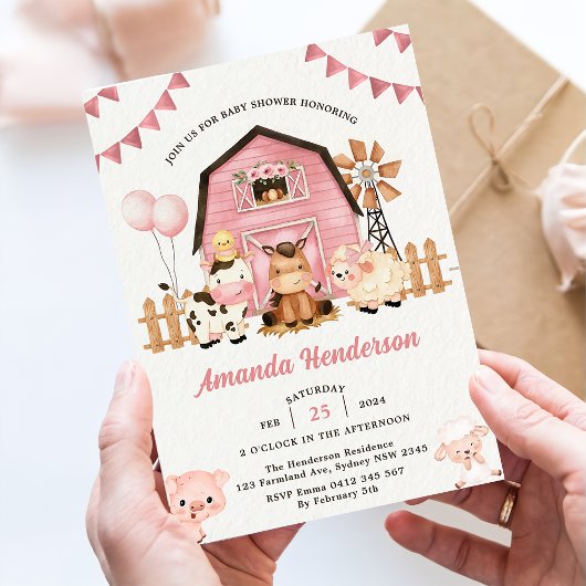 Invitation Fête de Baby shower des animaux de ferme roses