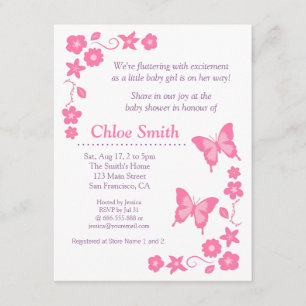 Invitation Fête de baby shower élégante papillon rose