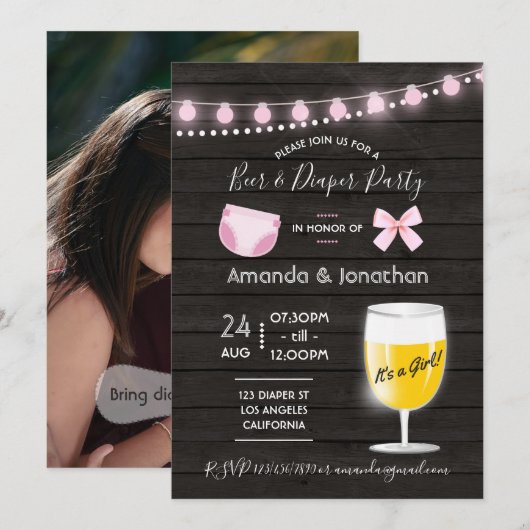 Invitation Fête de Baby Shower Fille Beer and Diaper dans un  (Devant / Derrière)