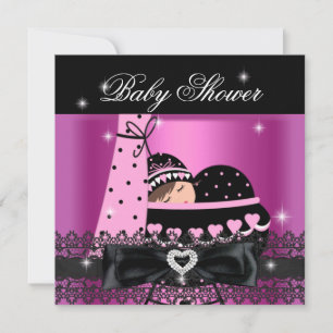 Invitation Fête de Baby Shower Fille Rose Broderie Noire