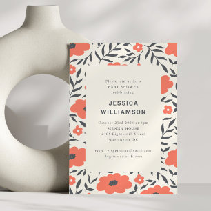 Invitation Fête de Baby Shower Fleurie Rouge Gras et Feuille 