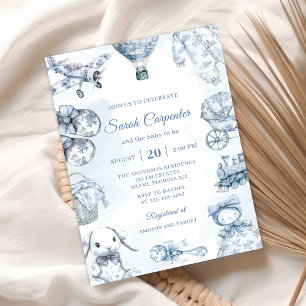 Invitation Fête de Baby Shower Garçon Bleu Toile De Jouy