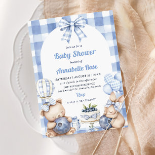 Invitation Fête de Baby Shower Watercolor Myrtille Gingham 1è