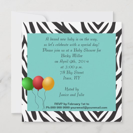 Invitation Fête de Baby Shower Zèbre sarcelle (Devant)