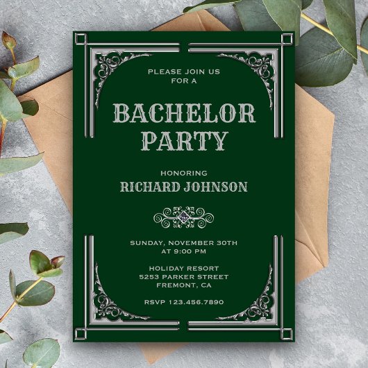 Invitation Fête de Bachelor Art Déco Argent Vert