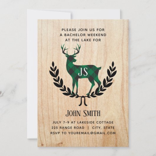 Invitation Fête de Bachelor avec Monogramme de Cerf à Carreau (Devant)