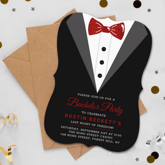 Invitation Fête de Bachelor avec Tuxedo Rouge Pailleté