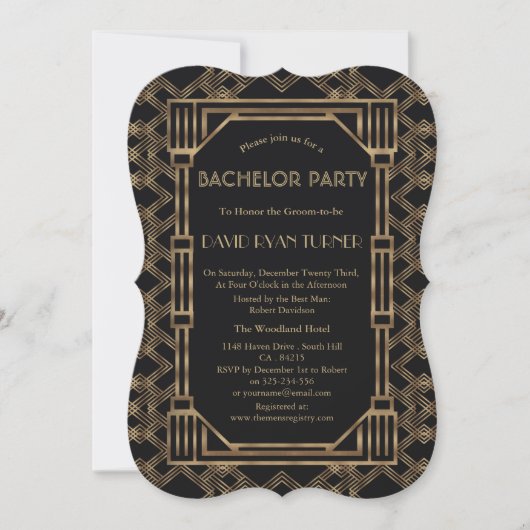 Invitation Fête de Bachelor Elegant Or Noir Great Gatsby 20s (Devant)