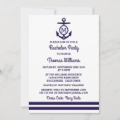 Invitation Fête de Bachelor Garçon Rayures & Monogramme Ancre (Devant)