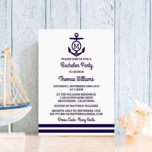 Invitation Fête de Bachelor Garçon Rayures & Monogramme Ancre