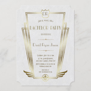 Invitation Fête de Bachelor Monogramme Art Déco Or Royal Blan