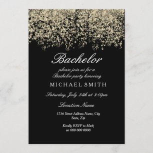 Invitation Fête de Bachelor Noir Confettis Paillettes Dorées