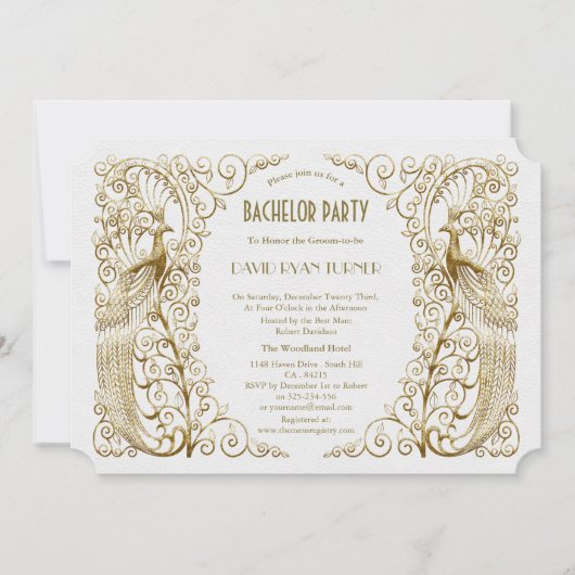Invitation Fête de Bachelor Paons Art Déco Blanc Doré Glamour (Devant)