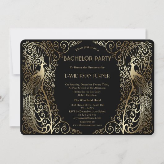 Invitation Fête de Bachelor Paons Art Déco Glam Gold (Devant)