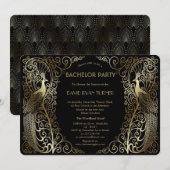 Invitation Fête de Bachelor Paons Art Déco Glamour Or (Devant / Derrière)