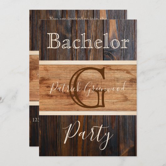 Invitation Fête de Bachelor Rayure Monogramme Ton Bois Rustiq (Devant / Derrière)