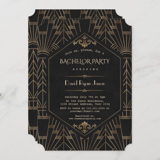 Invitation Fête de Bachelor Royal Or Noir Great Gatsby 1920 (Devant / Derrière)