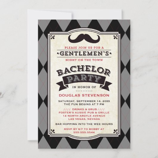 Invitation Fête de Bachelor Séduisante Noir et Gris à Carreau (Devant)