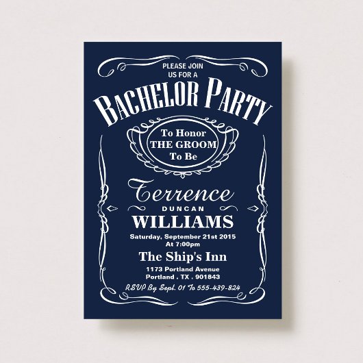 Invitation Fête de Bachelor Typographie Navy Tendance