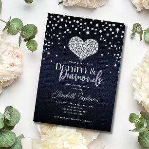 Invitation Fête de Bachelorat Mode Cœur de Denim et Diamants