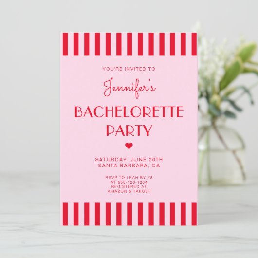Invitation Fête de Bachelorette à rayures rouges et roses rét (Debout devant)