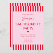 Invitation Fête de Bachelorette à rayures rouges et roses rét (Devant / Derrière)