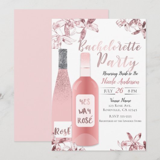 Invitation Fête de Bachelorette au vin rosé et aux fleurs d'o (Devant / Derrière)