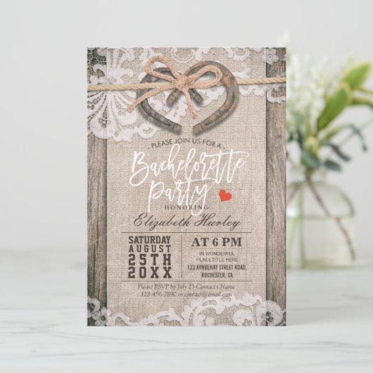 Invitation Fête de Bachelorette Burlap Lace (Debout devant)