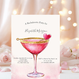 Invitation Fête de Bachelorette Cœur de Cocktail Rose Aquarel