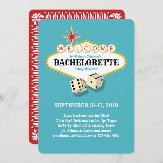 Invitation Fête de bachelorette de Las Vegas Turquoise (Devant / Derrière)