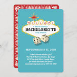 Invitation Fête de bachelorette de Las Vegas Turquoise<br><div class="desc">Texte de la soirée de bachelorette à l'intérieur de l'enseigne d'accueil du marqueur Las Vegas,  avec des dés et une carte de jeu au verso. Personnalisez cette conception en changeant le texte ou la couleur arrière - plan. Contactez le commerçant si vous avez besoin d'aide.</div>