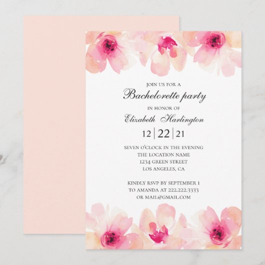 Invitation Fête de bachelorette florale aquarelle. Fleurs ros (Devant / Derrière)