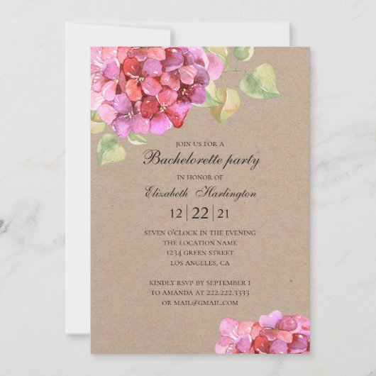 Invitation Fête de bachelorette florale rustique. Fleurs rose (Devant)