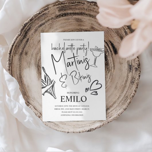 Invitation Fête de Bachelorette Martini Bikini Doodles Plage