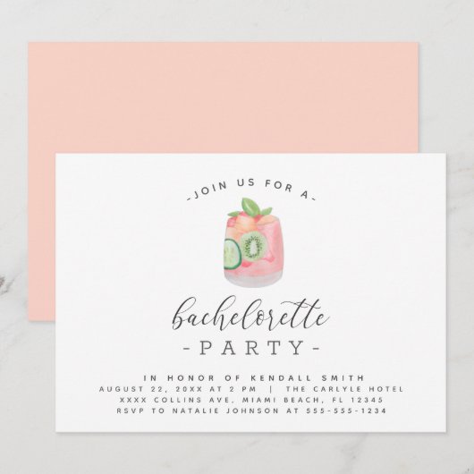 Invitation Fête de Bachelorette Minimaliste Cocktail Aquarell (Devant / Derrière)