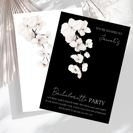 Invitation Fête de Bachelorette moderne Black White Orchidées