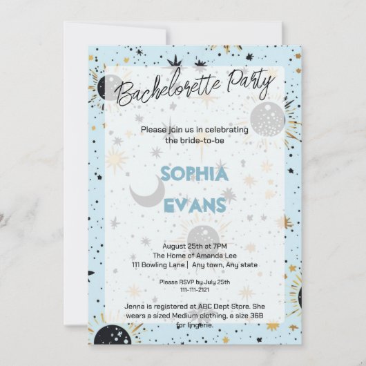 Invitation Fête de Bachelorette Moderne Céleste de Mariage (Devant)