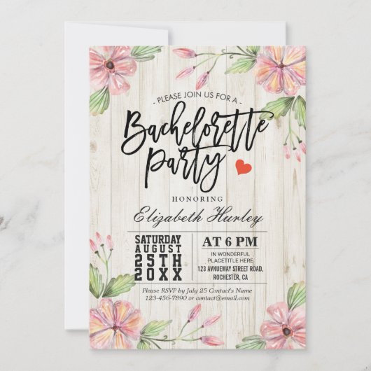 Invitation Fête de Bachelorette moderne Fleurs roses Bois rus (Devant)