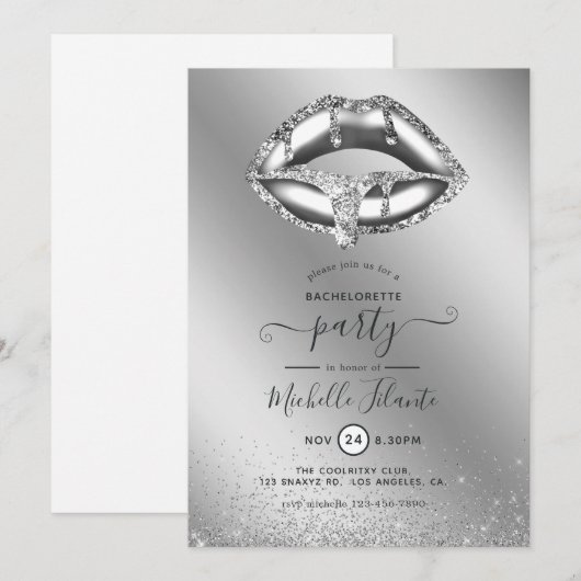 Invitation Fête de Bachelorette Paillettes Faux Argent (Devant / Derrière)