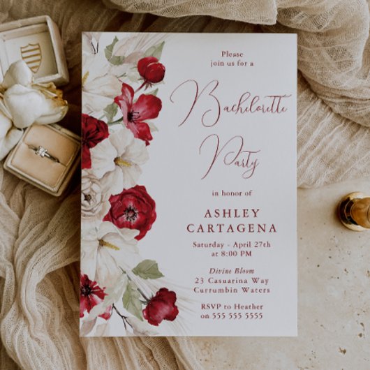 Invitation Fête de Bachelorette Romantique Blanche & Rouge Fl