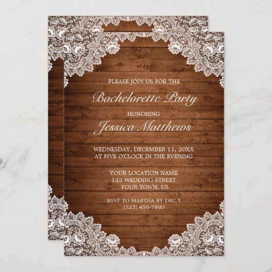 Invitation Fête de bachelorette rustique en bois et dentelle (Devant / Derrière)