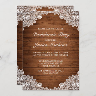 Invitation Fête de bachelorette rustique en bois et dentelle 