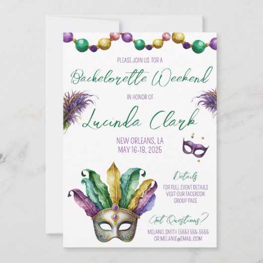 Invitation Fête de Bachelorette sur le thème de Mardi Gras (Devant)