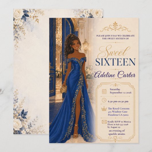 Invitation Fête de bal Royal Blue Sweet 16 (Devant / Derrière)