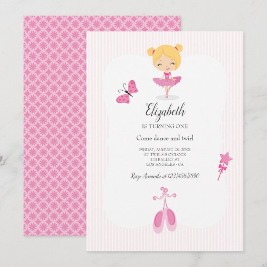 Invitation Fête de ballerine rose (Devant / Derrière)