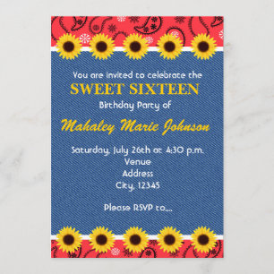 Invitation Fête de bandana en jean tournesols de Western Coun