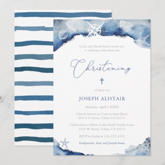 Invitation Fête de baptême de voile bleu foncé (Devant / Derrière)