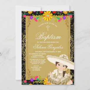 Invitation Fête de baptême mexicaine Gold Girl Fleur colorée
