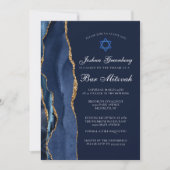 Invitation Fête de Bar Mitzvah Chic Bleu Foncé Agate Dorée (Devant)